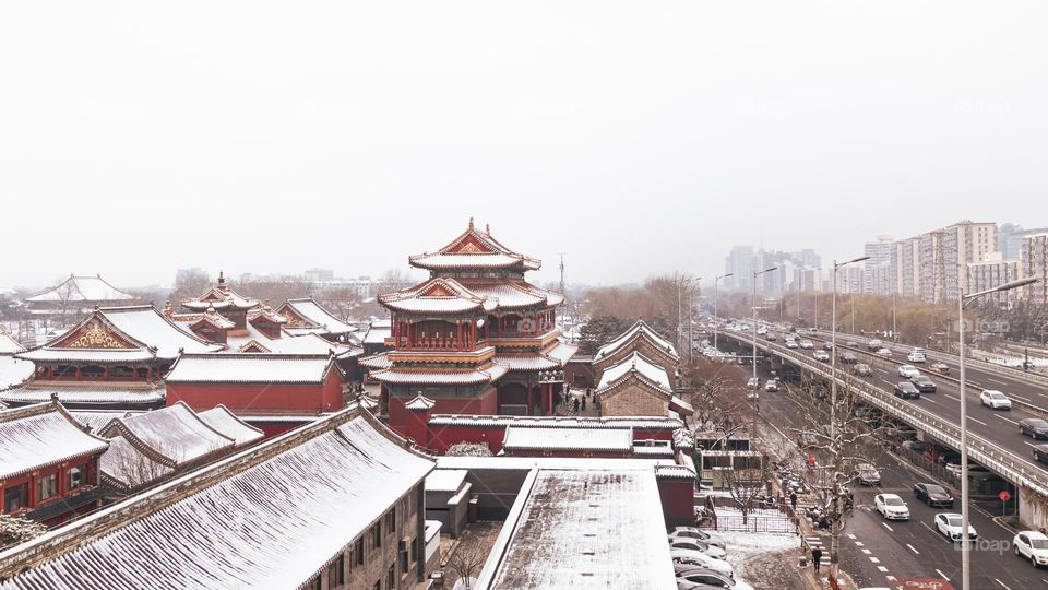 Snow and ancient architecture