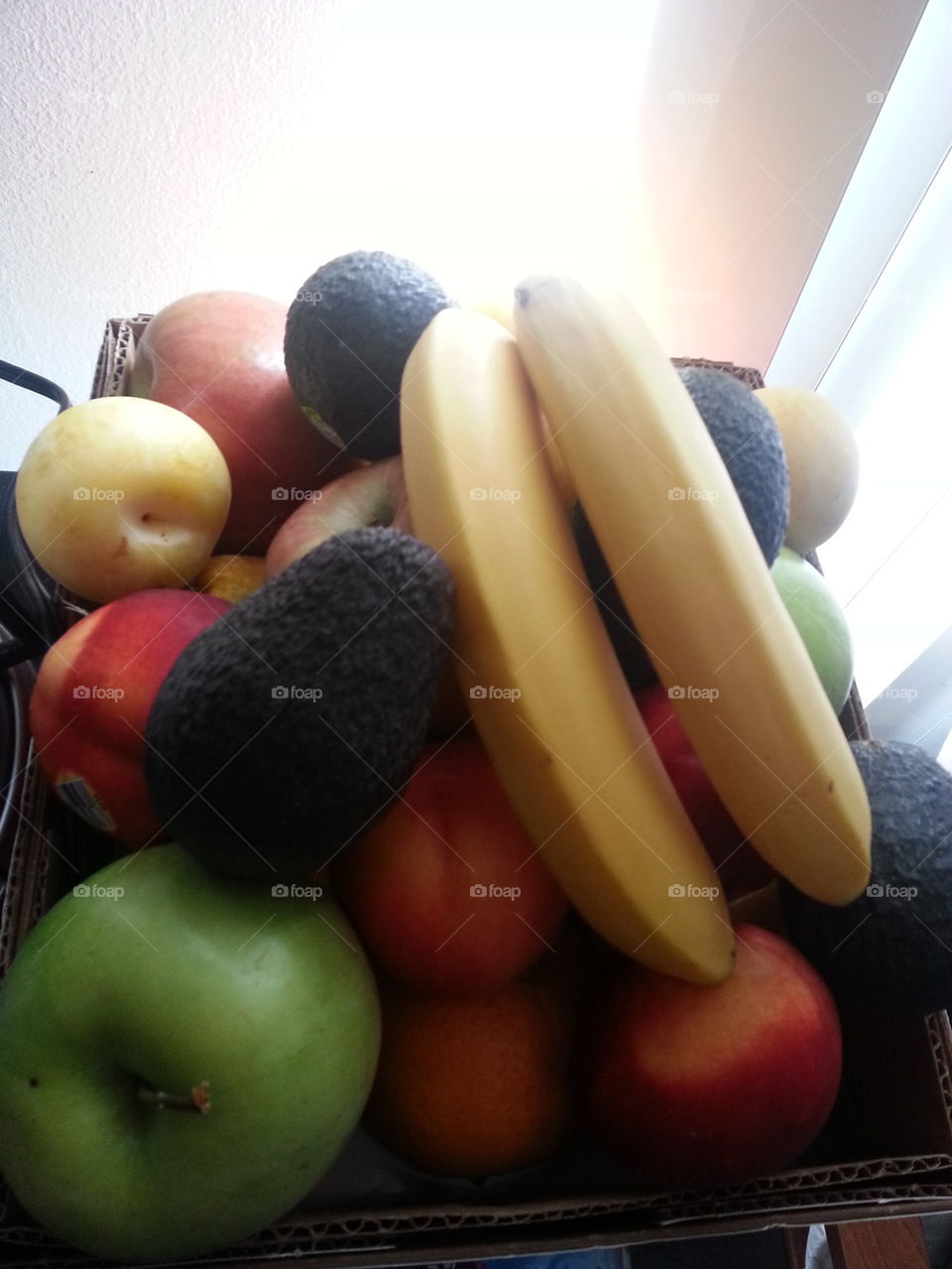 fruits, banana, apples, avocado, yellow, red, green, white, food,