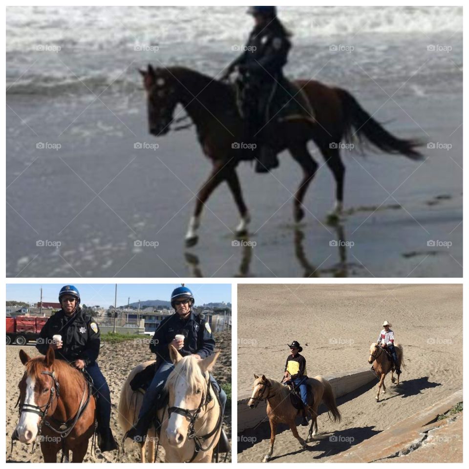 Some times walking on the beach with my dog, I run into people riding their own horses as well as San Francisco Mounted Police Unit.  (Bottom Right Photo: These folks ride on Ocean Beach often.)