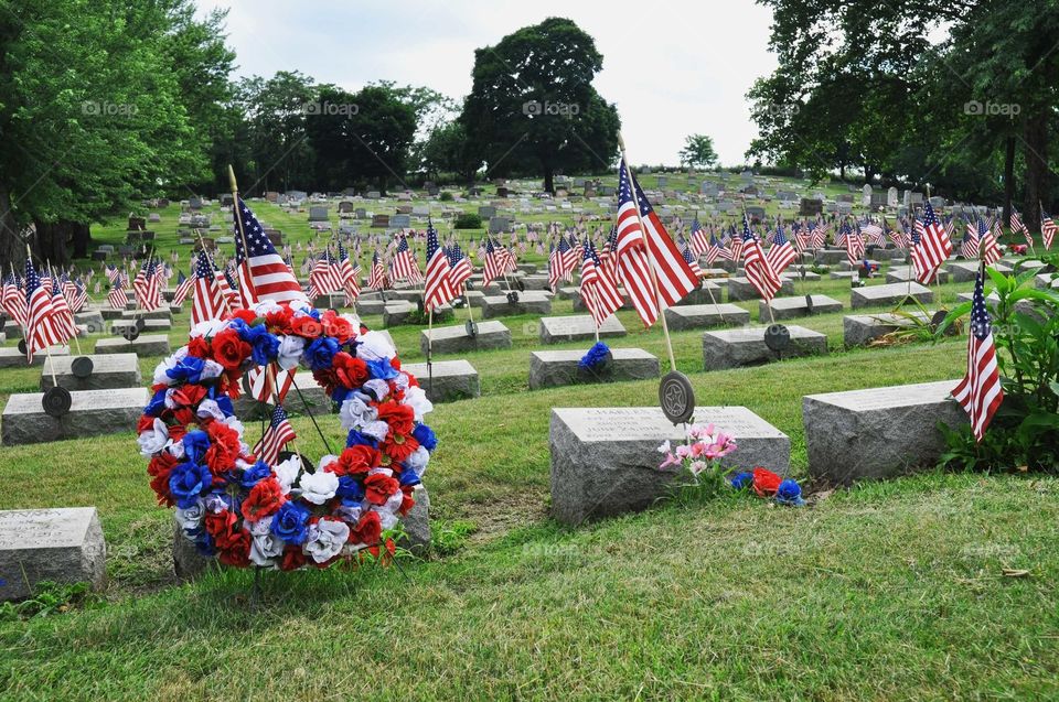American flags honor fallen service men and women in a military section of a cemetery on the 4th of July. 