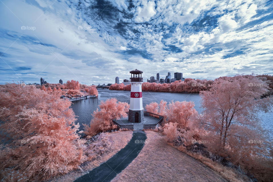Boom Island Lighthouse overlooking the Mississippi River and downtown Minneapolis. Infrared. Minneapolis, Minnesota.