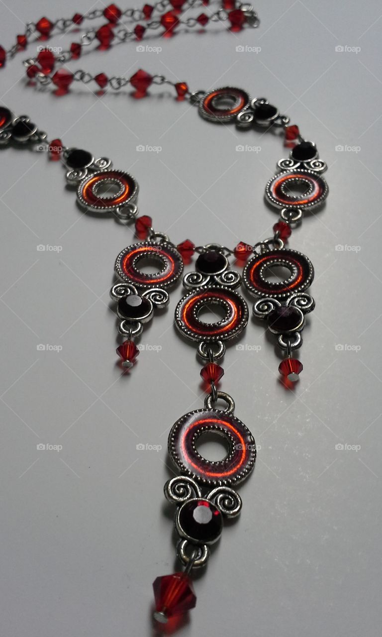 red crystal silvertone handmade necklace fashion one of a kind