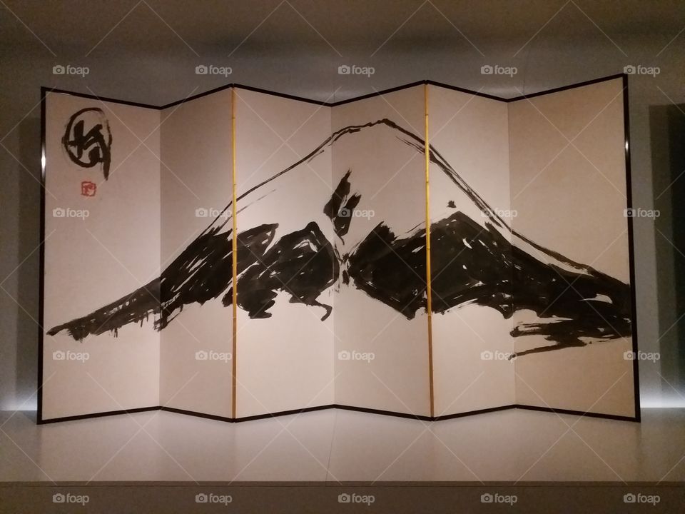 Japanese painted screen with mountain