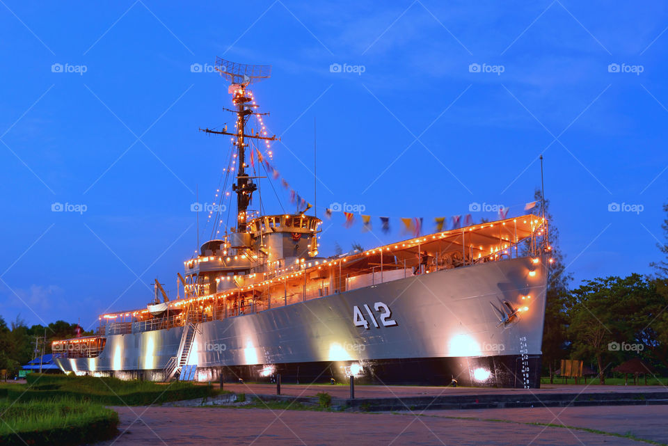 Luang Pra Sae warship memorial in blue hour at Rayong province, Thailand