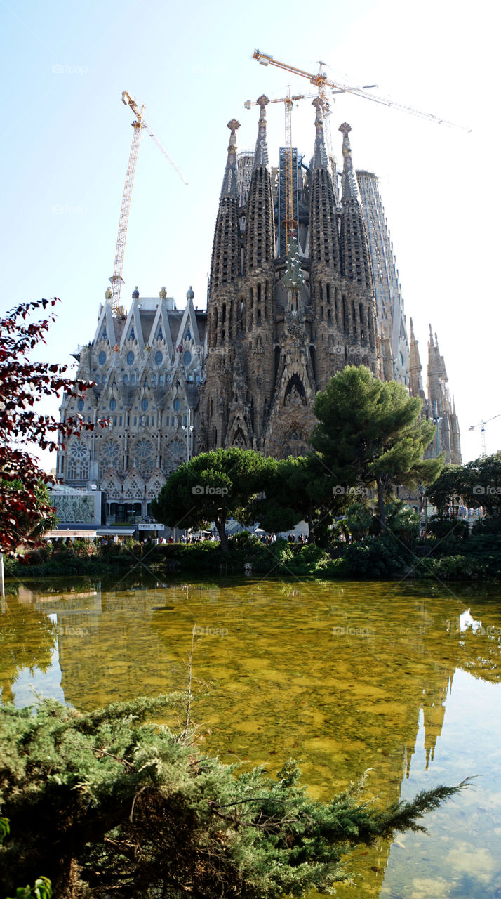 The mighty Sagrada Familia by Antoni Gaudi.
Behind trees, reflected in the streams and in the foreground is always a majestic architecture.