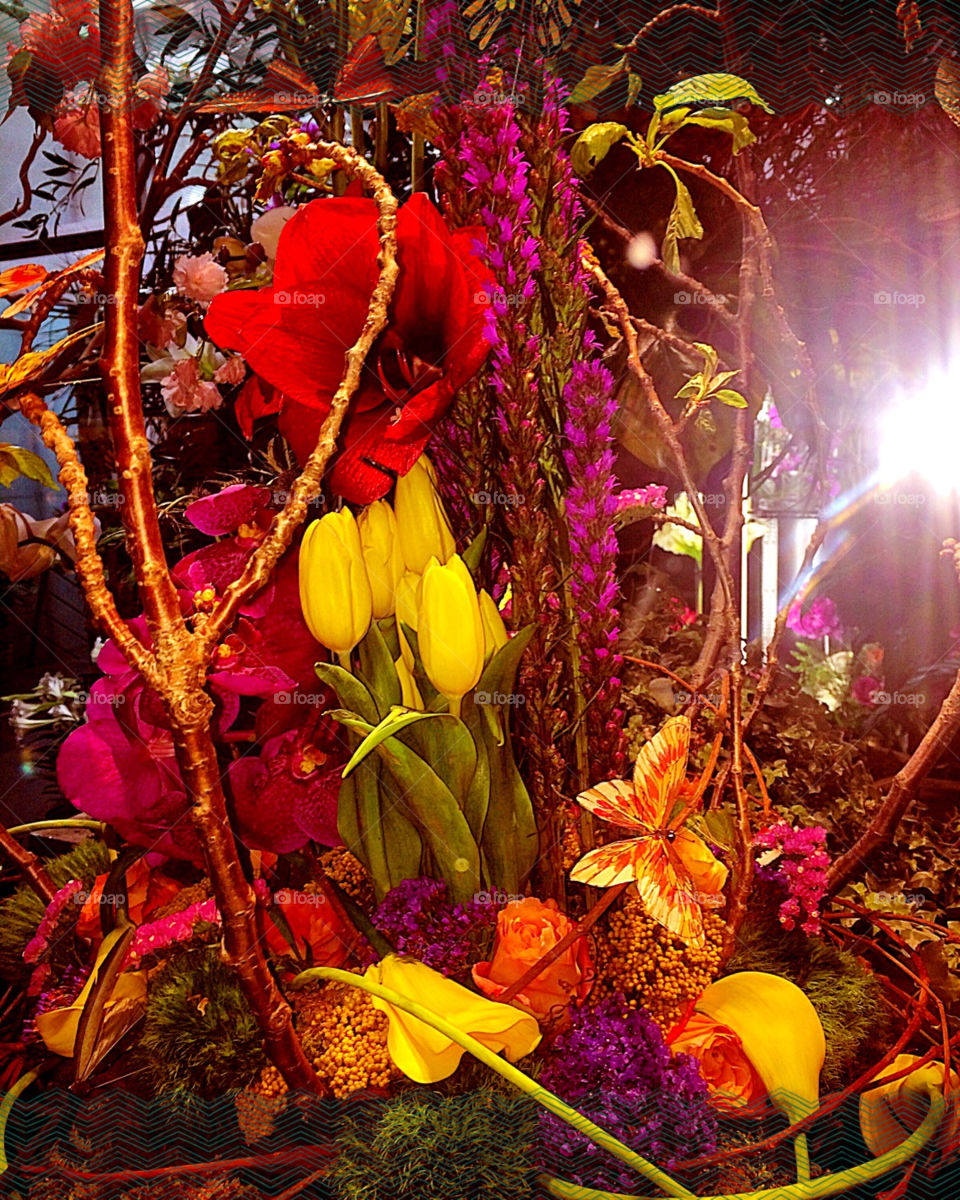 Intense bright flower and twig arrangement red purple yellow