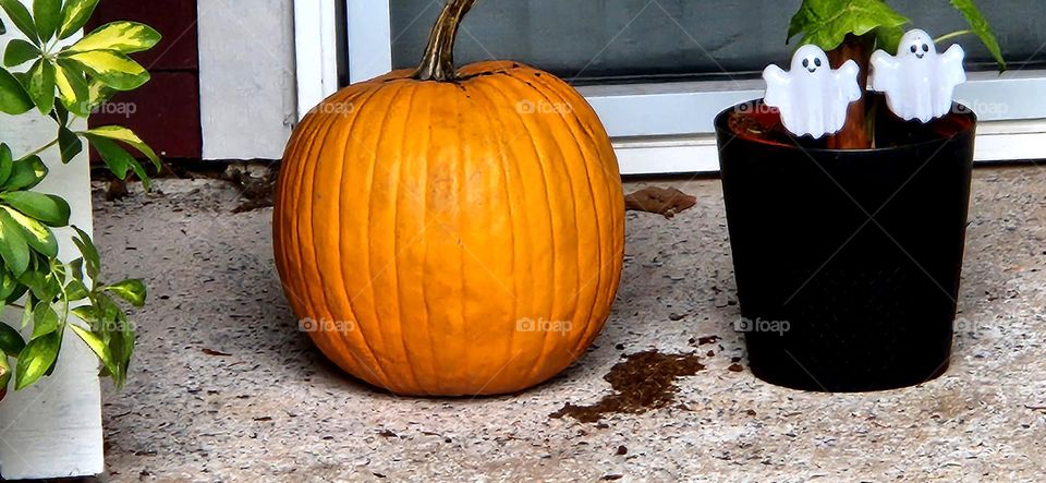 close up view of Autumn Halloween pumpkin and ghost decorations on a porch in Oregon