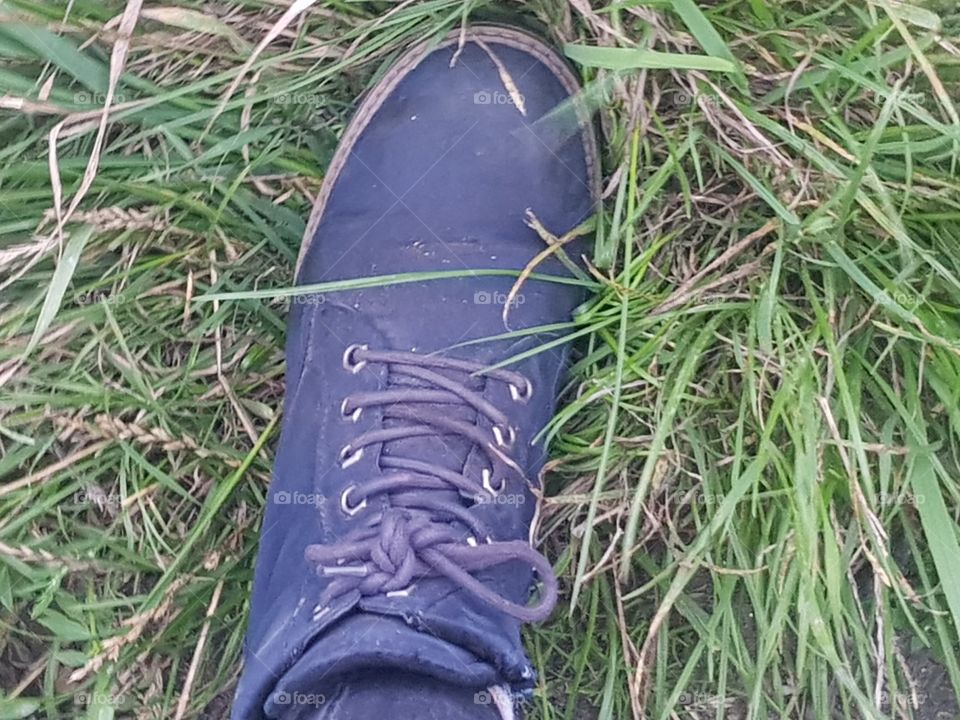 Step on the grass with a shoe