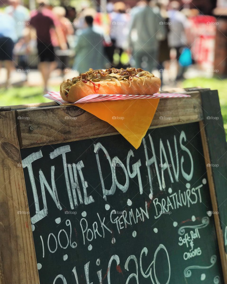 Hot Dogs, taken at a vintage food fair. Black board with writing 🌭
