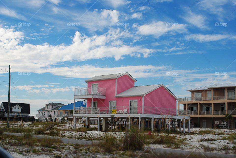 A pink house seen from the car