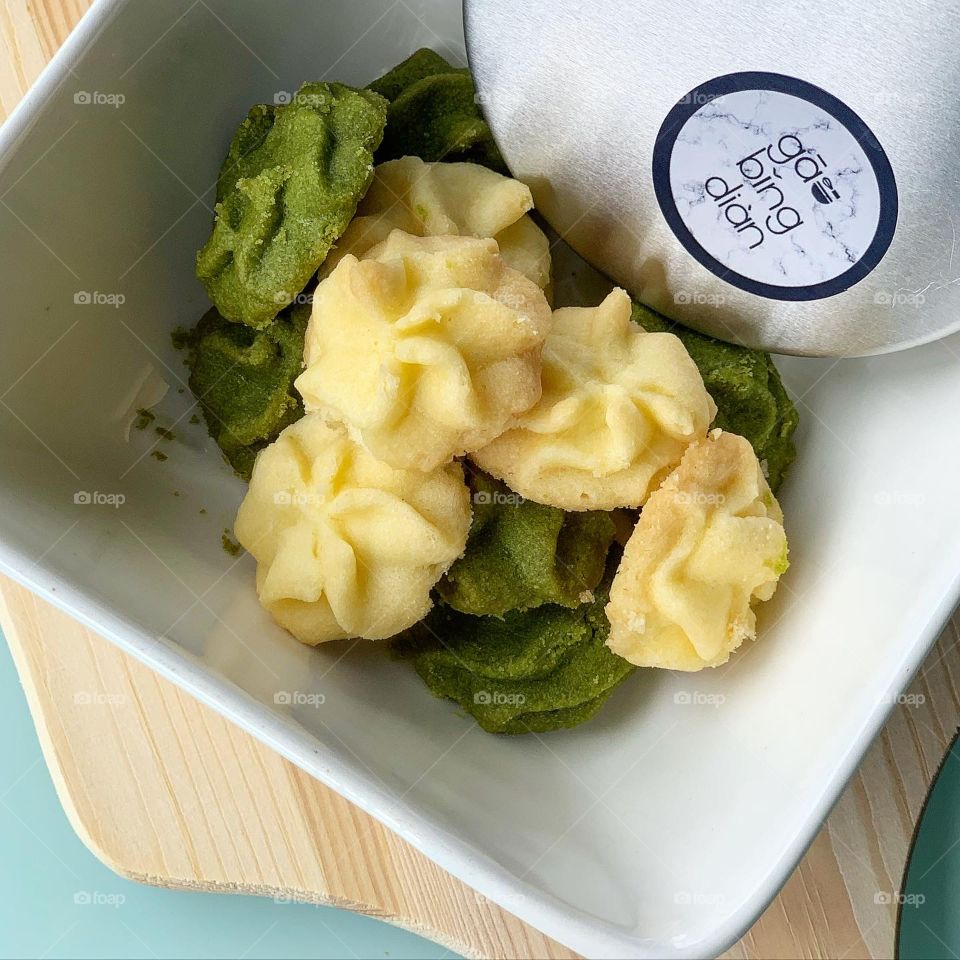 Salted butter and matcha cookies in kitchen setting 