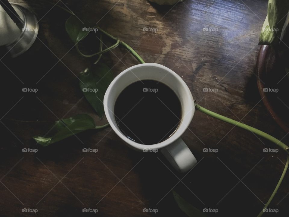 Dark black coffee in a white mug on a dark brown wooden table at a coffee shop, next to green leaves of an indoor plant 