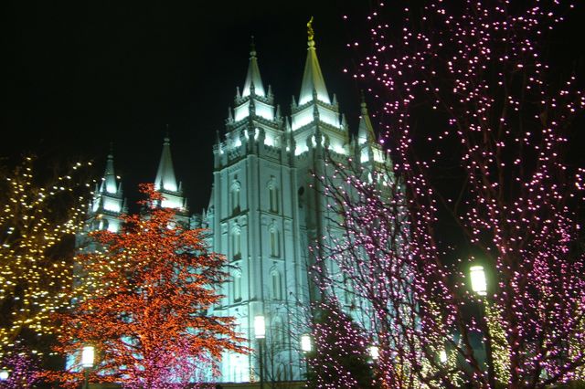 Salt Lake City, Utah LDS Temple at night during Christmas and filled with lights