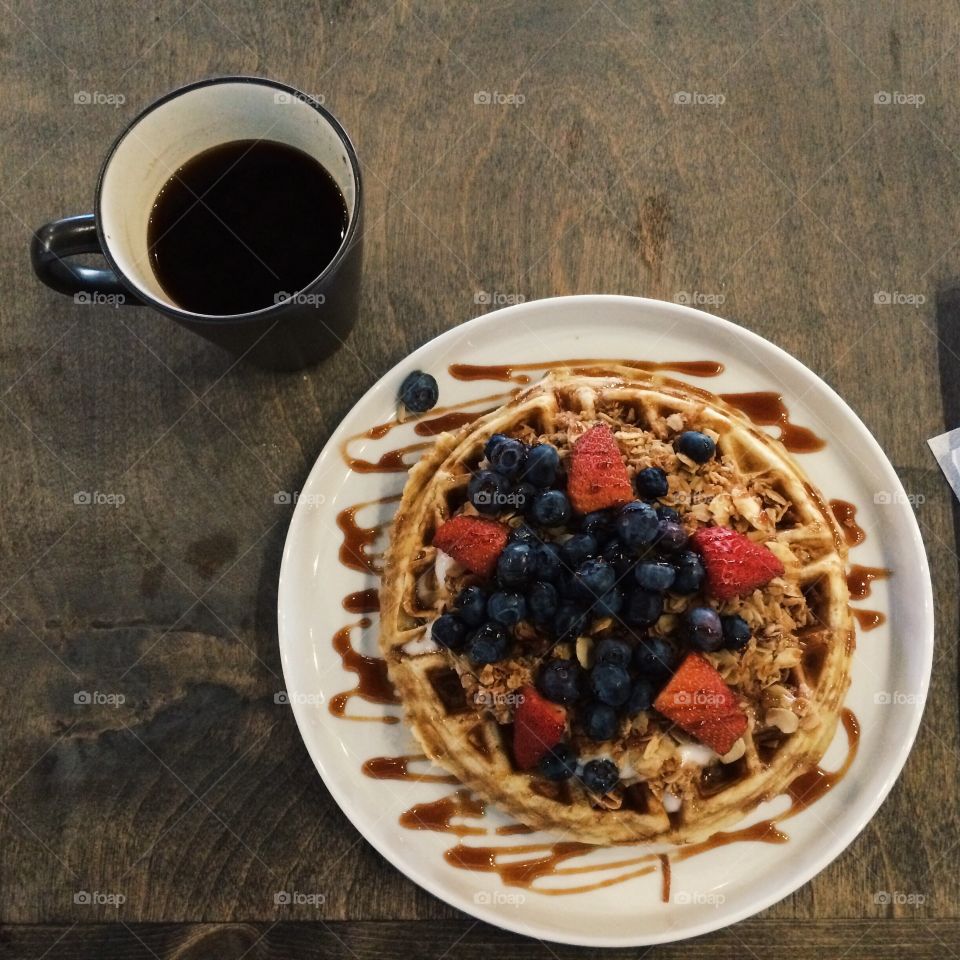 High angle view of waffle with tea