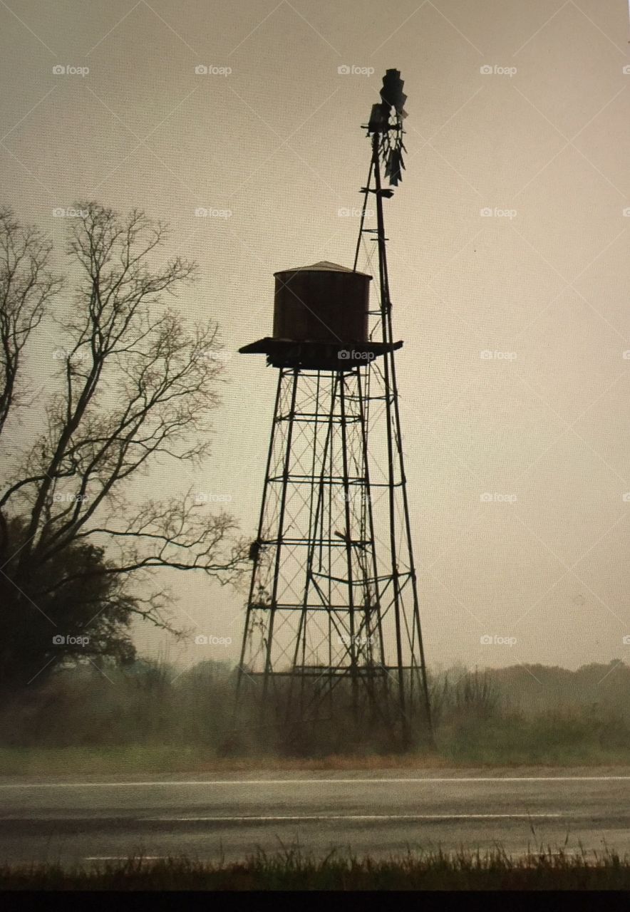 Wind mill and water tower in early morning fog