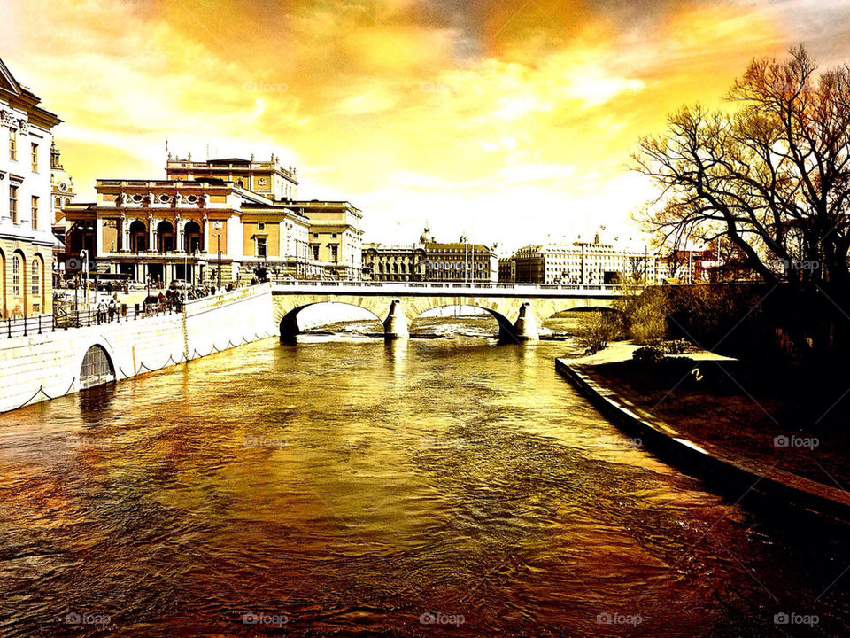 bridge cityscape blue sky spring