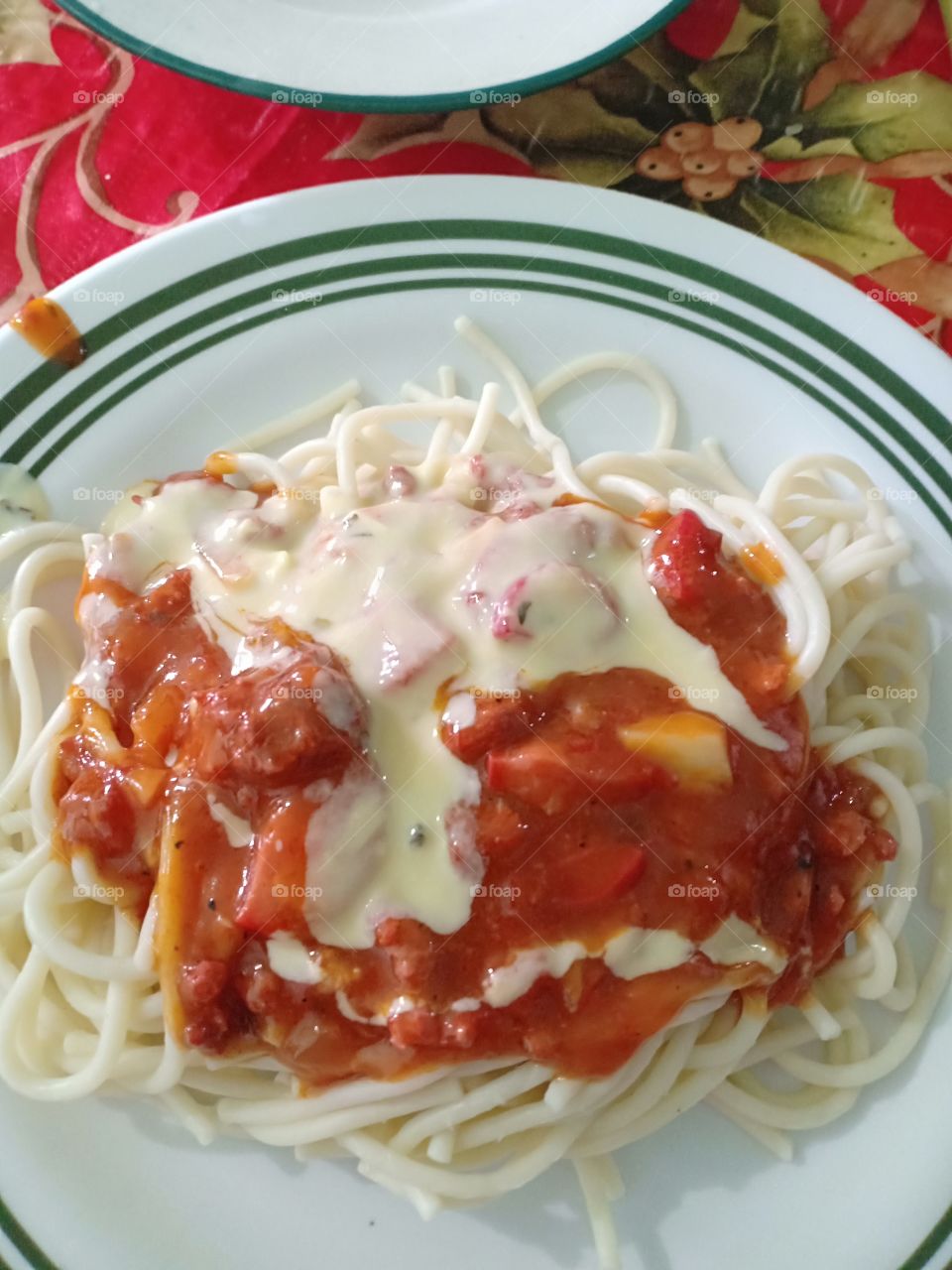 Old-school Italian beef spaghetti. Italian tomato-cheese based sauce plus basil and rosemary