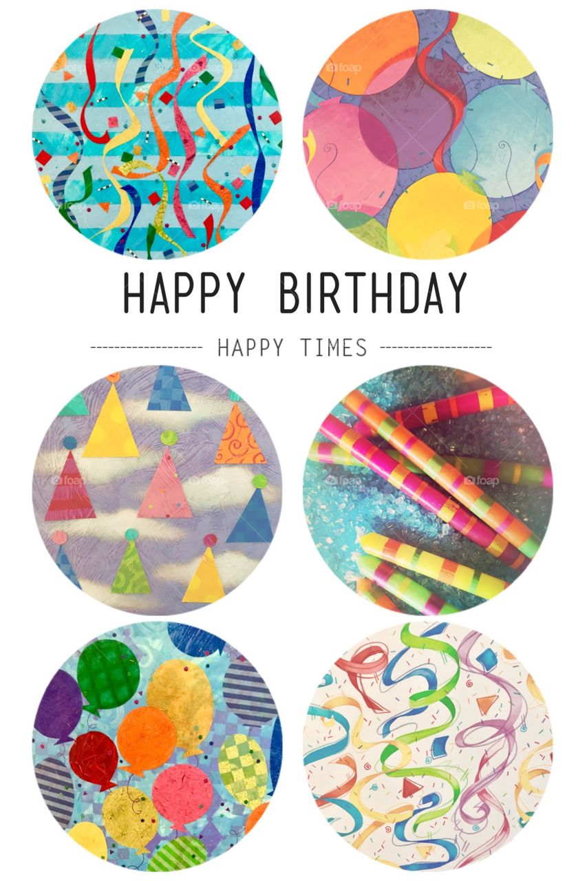 Birthday cake candles party streamers copy collage