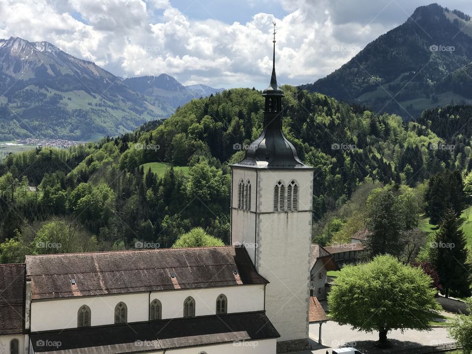 Closeup of church in Gruyere, Switzerland
