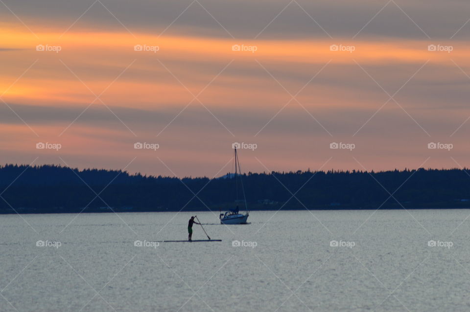 Silhouette of stand up paddle boarder paddling on sea during sunset