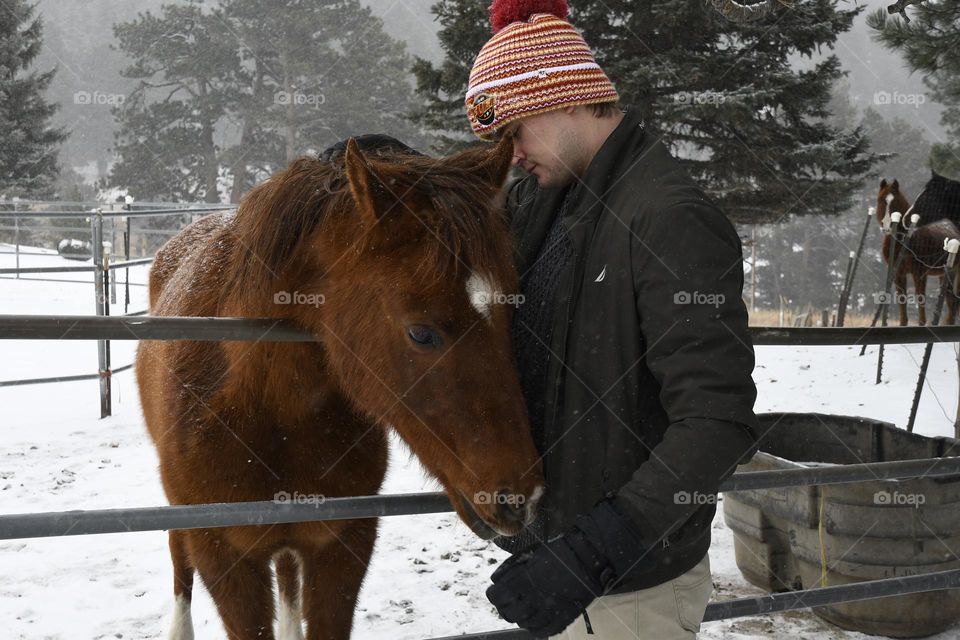 Human and horse in winter in colorado