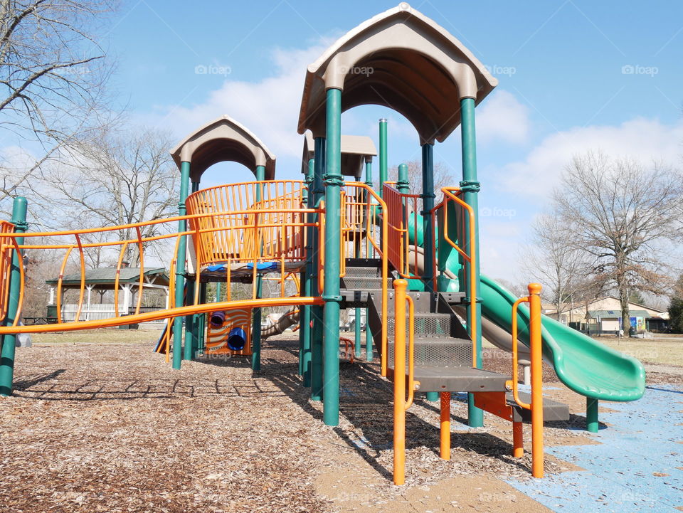 An empty play area, on a chilly Thursday. Spring time will be here soon! 