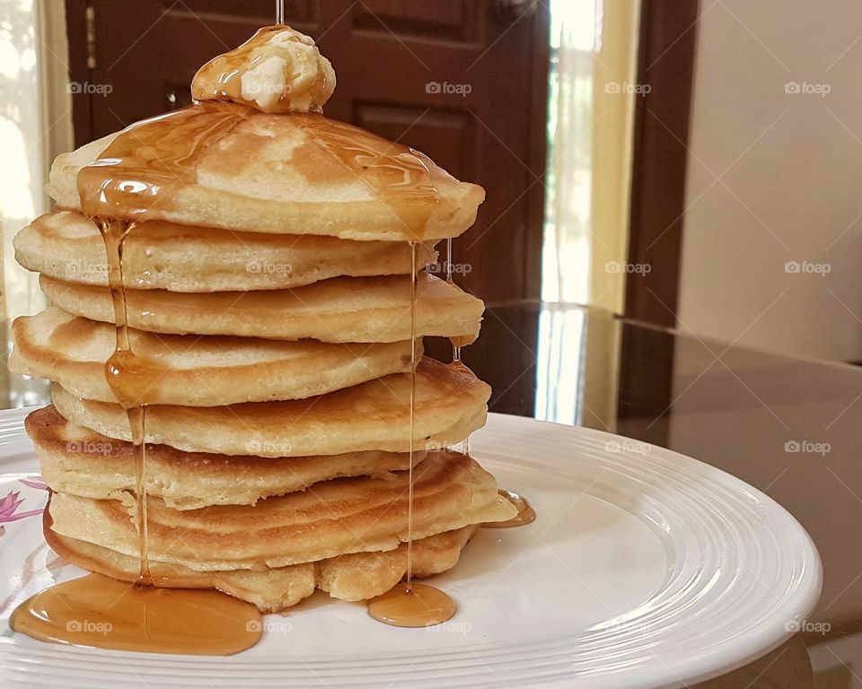 pancakes with butter and syrup