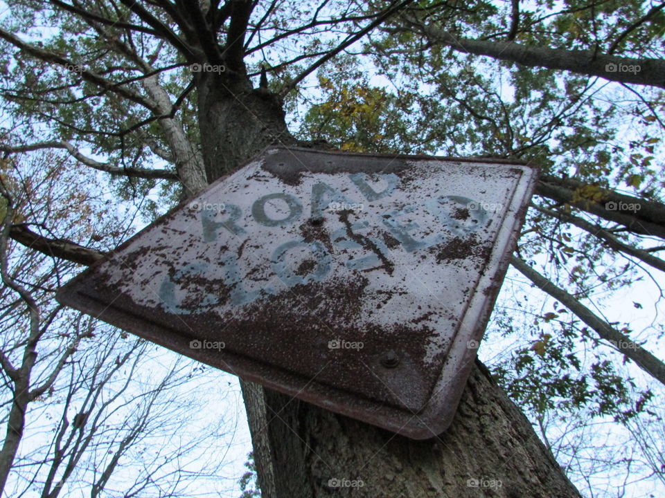 Rusted road closed sign in the middle of the woods, looking from the bottom to the top of the sign