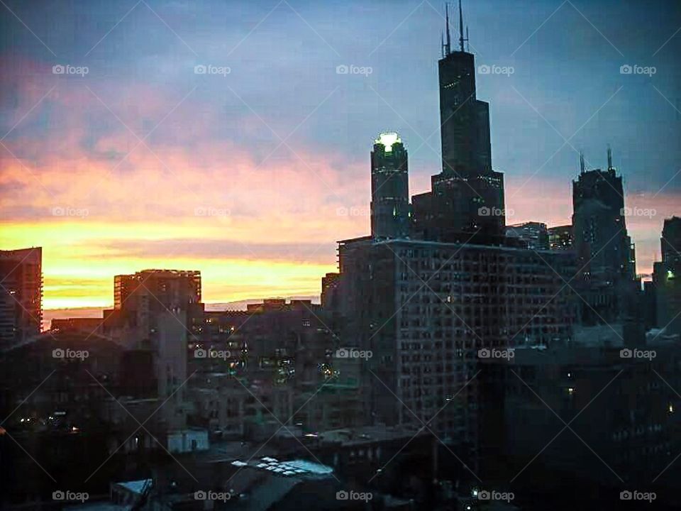 Chicago skyline sunset