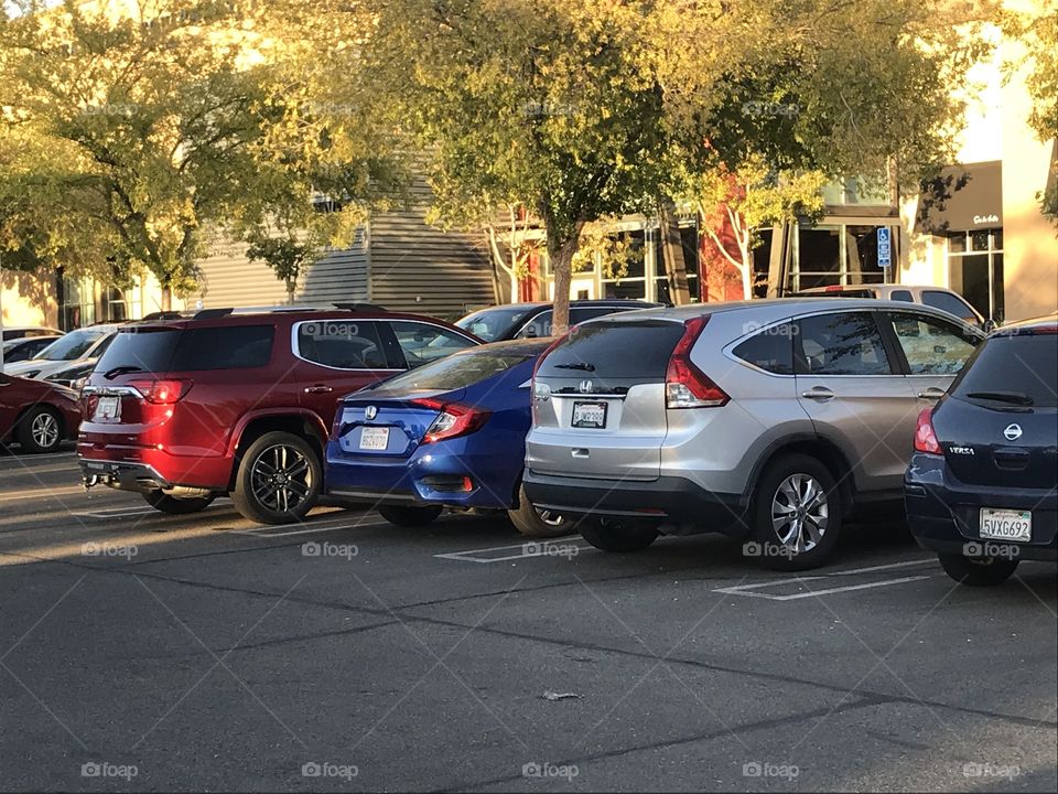 Vehicles in the parking lot of a shopping center.