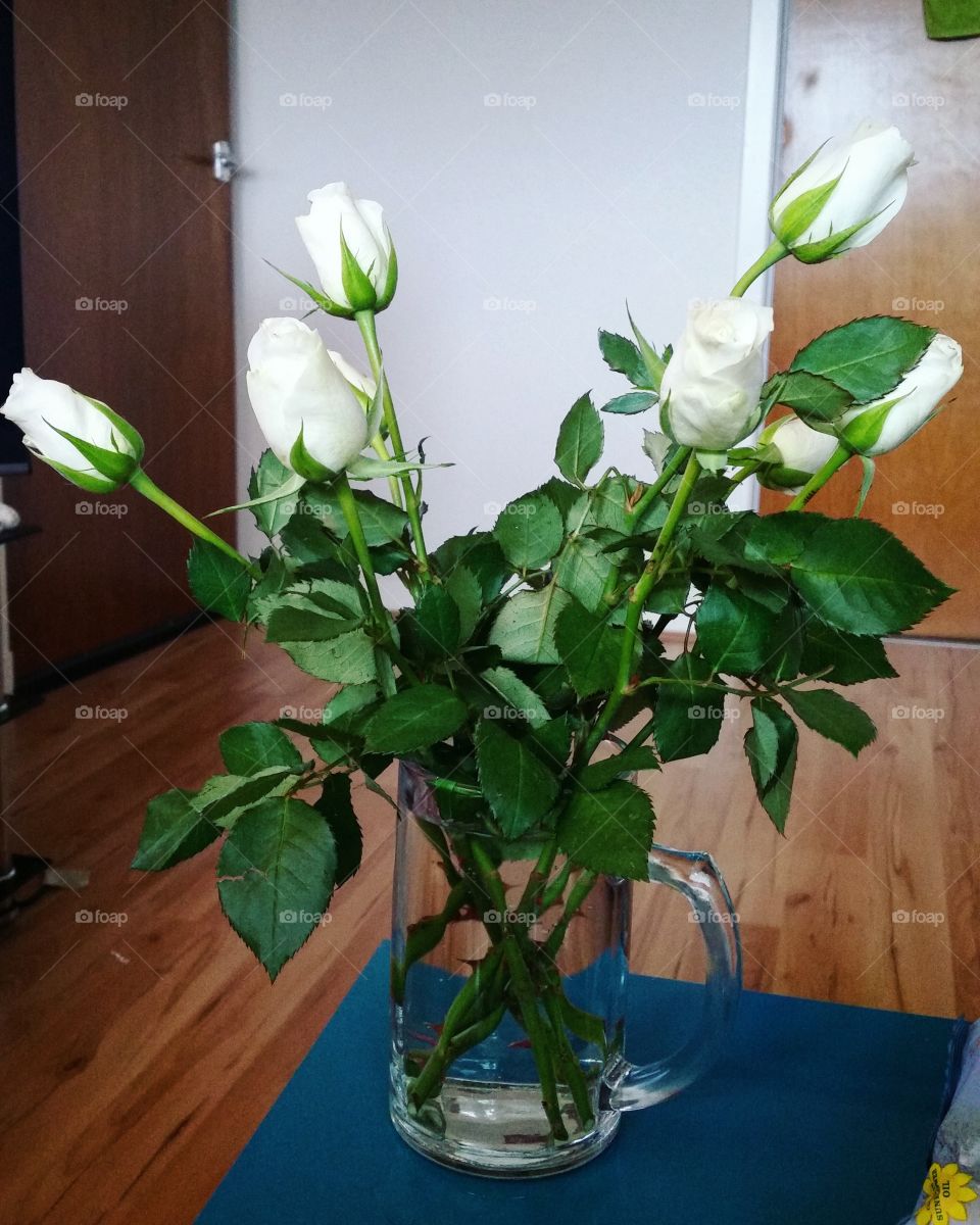 a boquet of white roses in a glass vase.