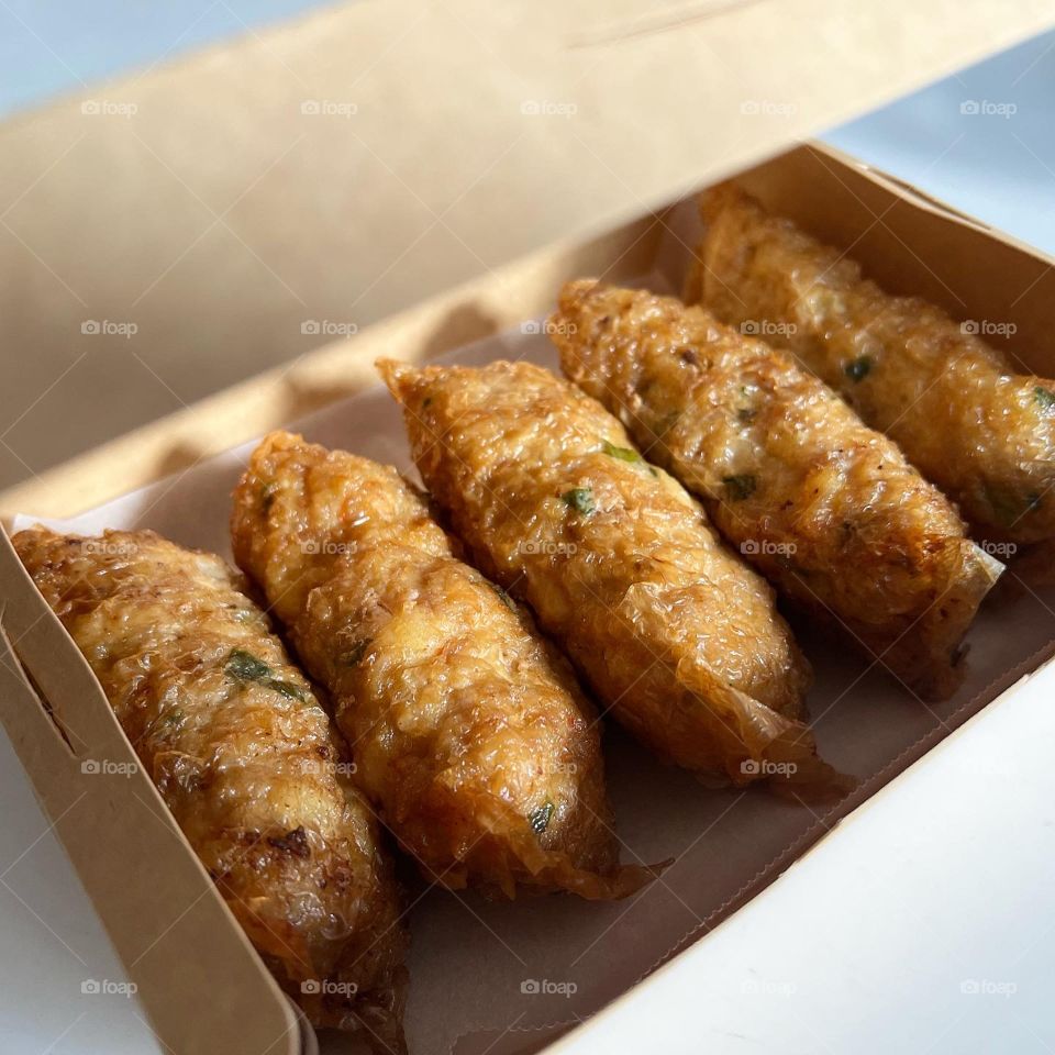 Homemade fat chunky savoury  ngoh hiang rolls 