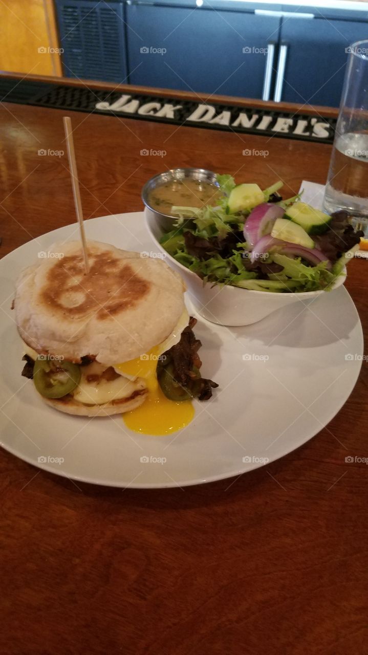 breakfast sandwich and salad brunch