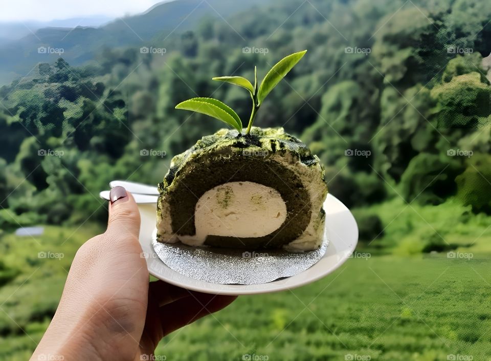 roll cake green tea at tea field