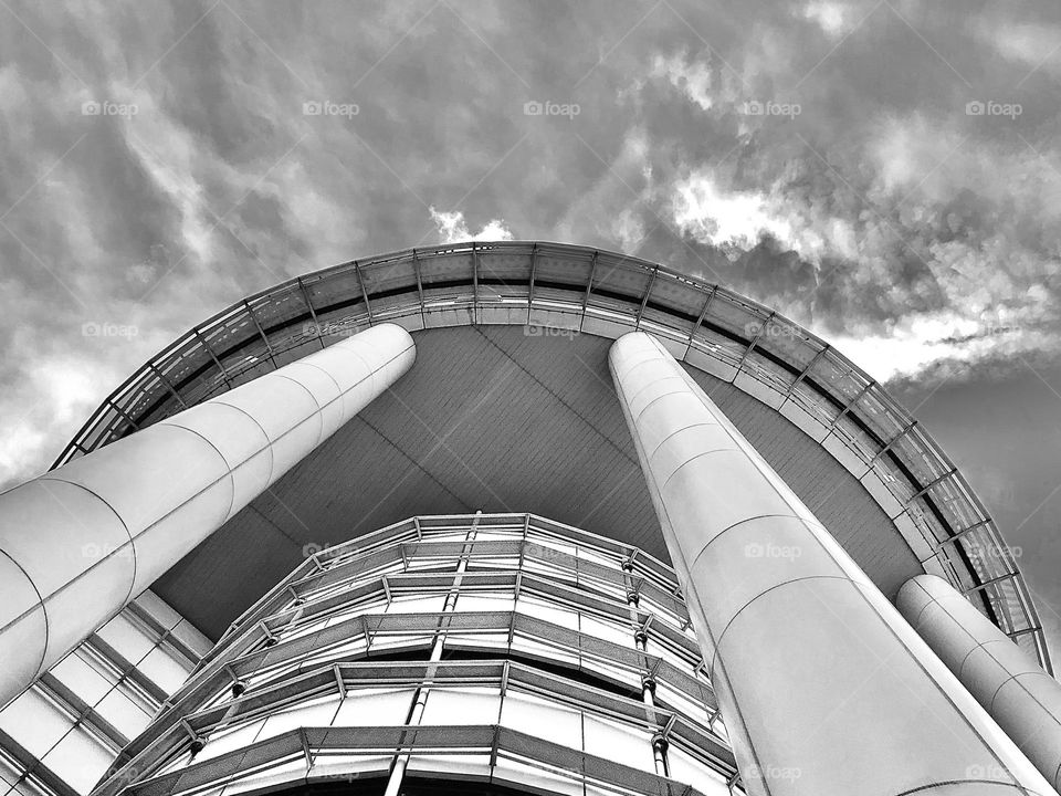 Beautiful building from down to upside view in black and white 