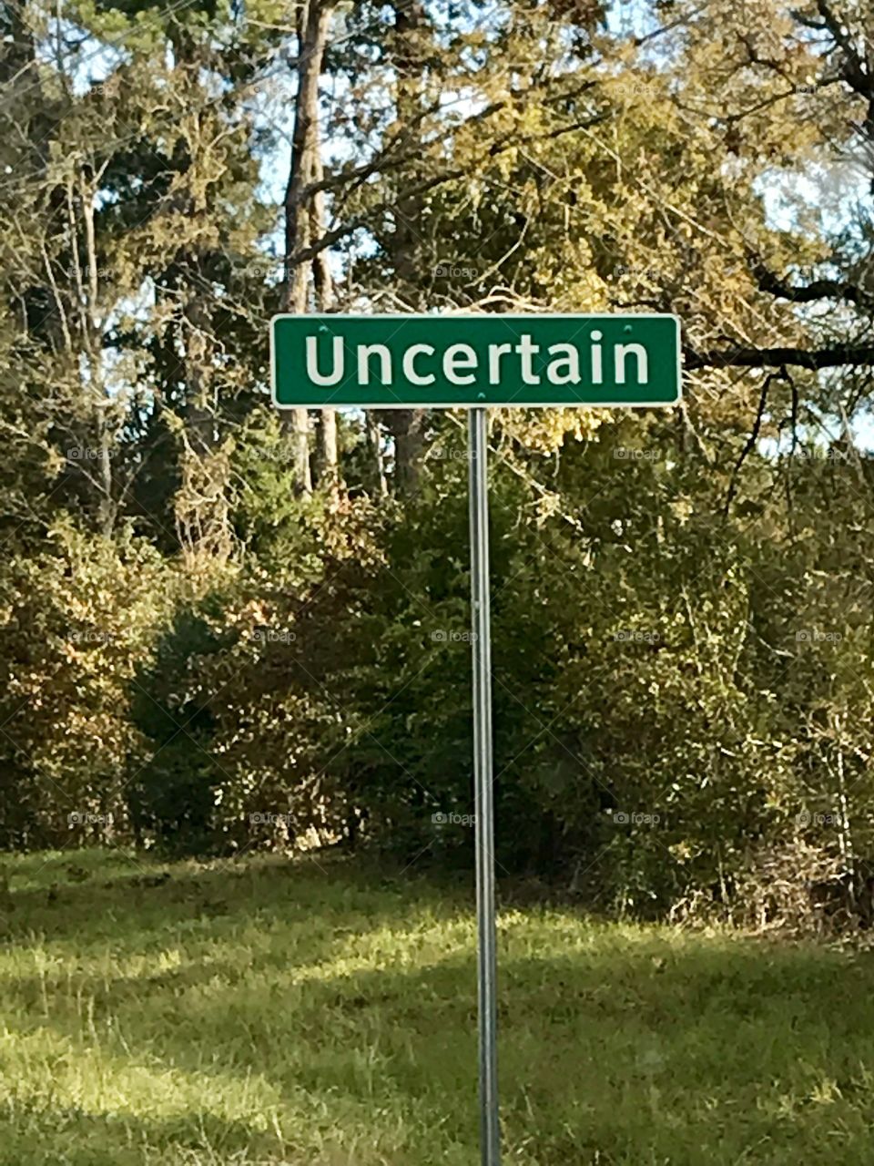 Road Sign for City Town Uncertain in East Texas 