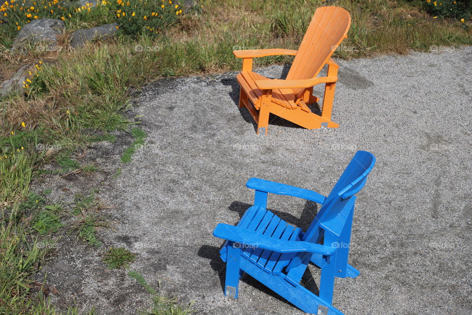 Orange and blue lounge chairs 