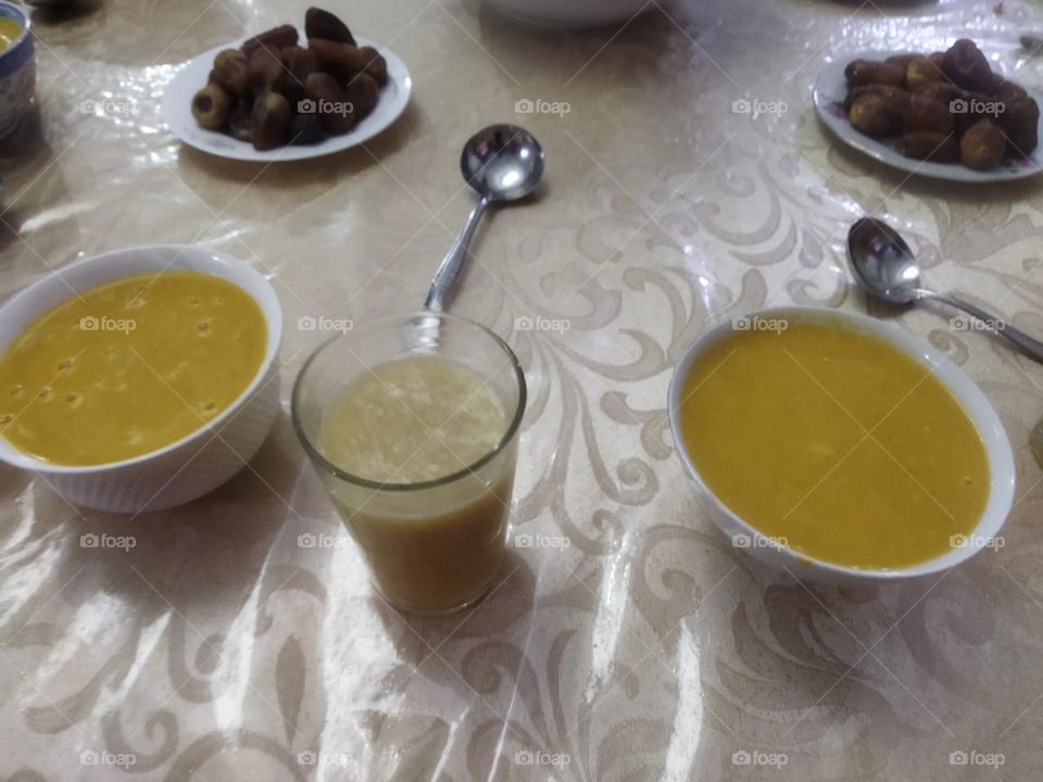 Moroccan table in Ramadan month:  various food.