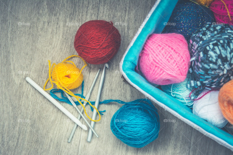 Colorful balls of wool and thread