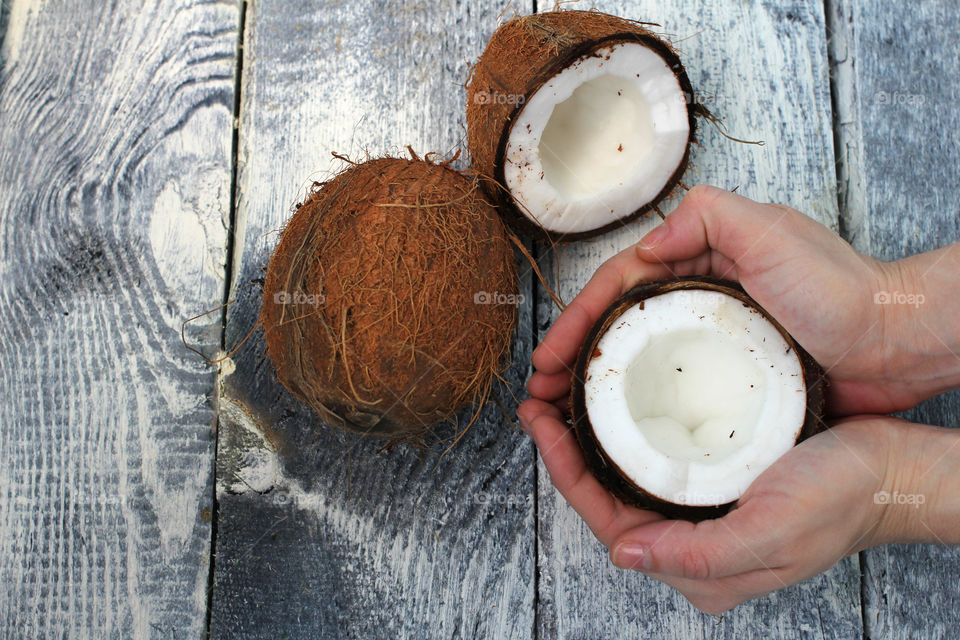 Coconut, fruit, food, hands, still life, abstraction, coconut in hands, cut coconut in hands, whole coconut, broken coconut