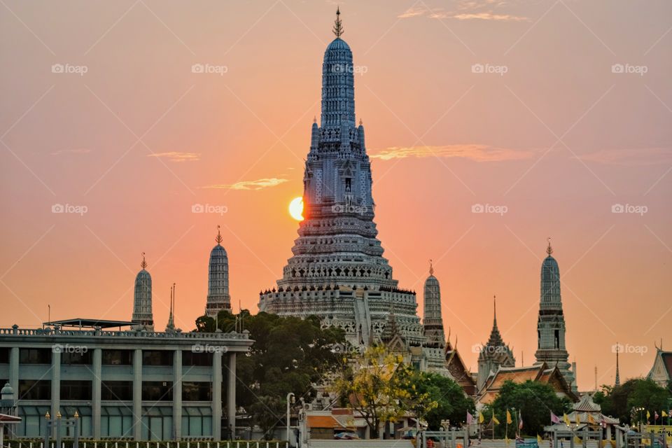 Sunset at the famous Pagoda of Wat Arun in Bangkok Thailand