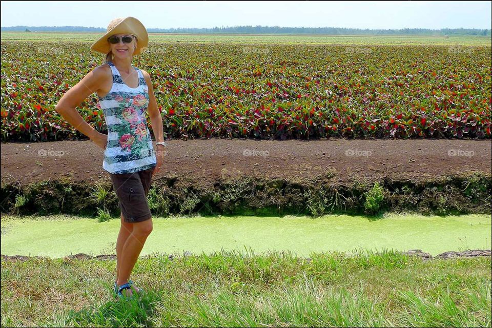 Summertime cool outfit on a woman enjoying the fields of  caldiums at the farm.
