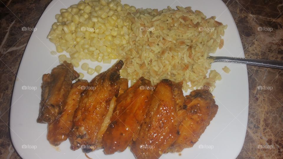 rice ,corn and hot wings