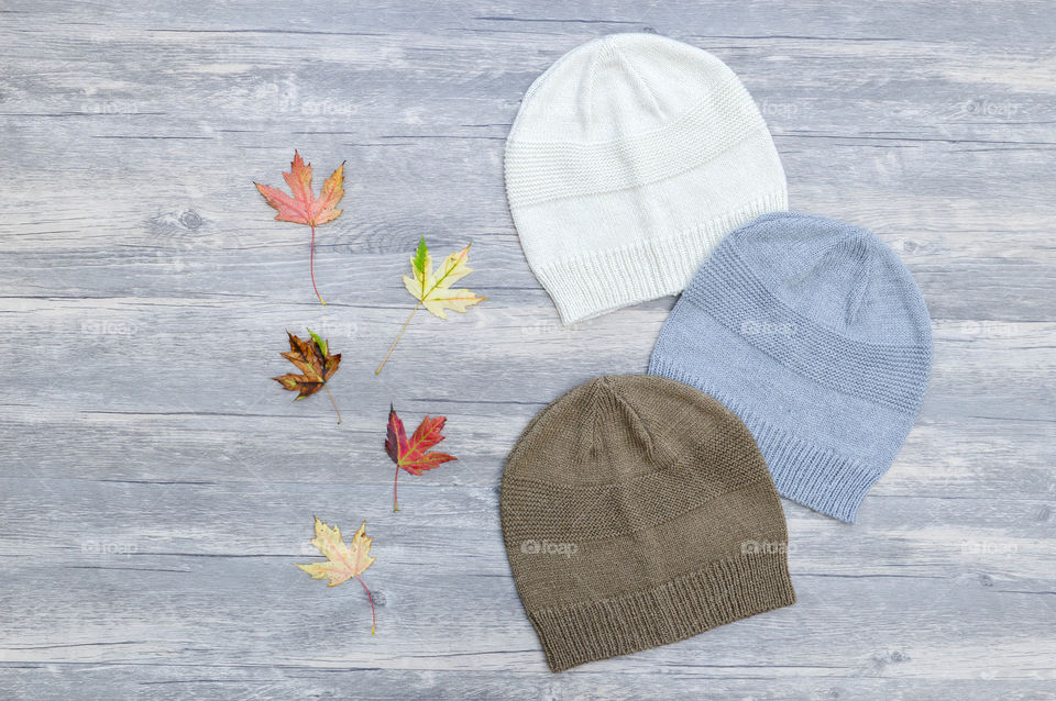 Flat lay of a row of knit beanie hats next to a row of fall leaves