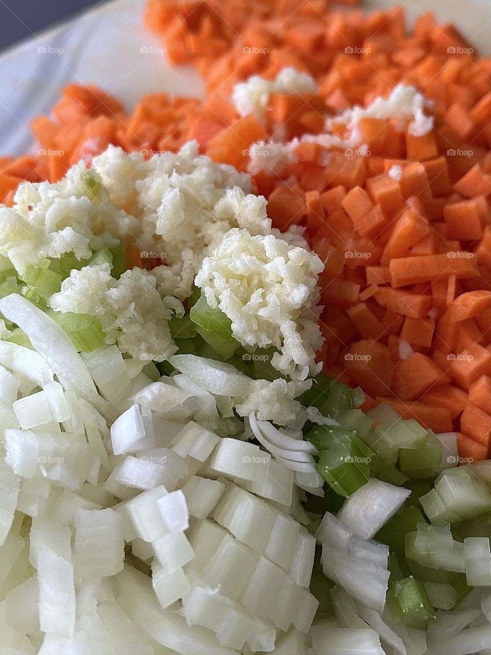 Carrots, celery , onion and garlic diced for cooking use 