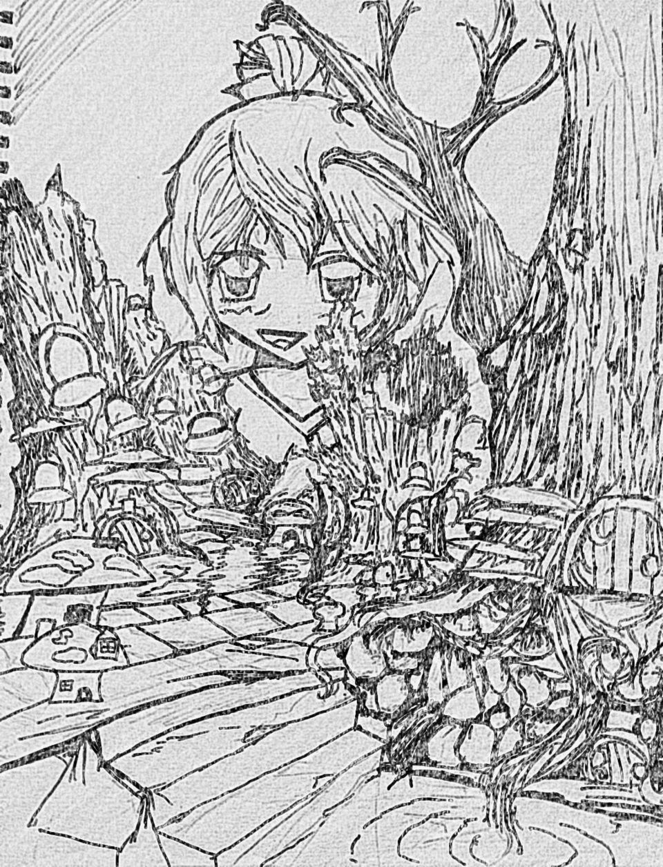 'Just a Pinch of Imagination' 
Anime Fantasy World Series: Black and White. 
I love fantasy, anime, and drawing. These components seem to fit perfectly as I have created a black and white version.