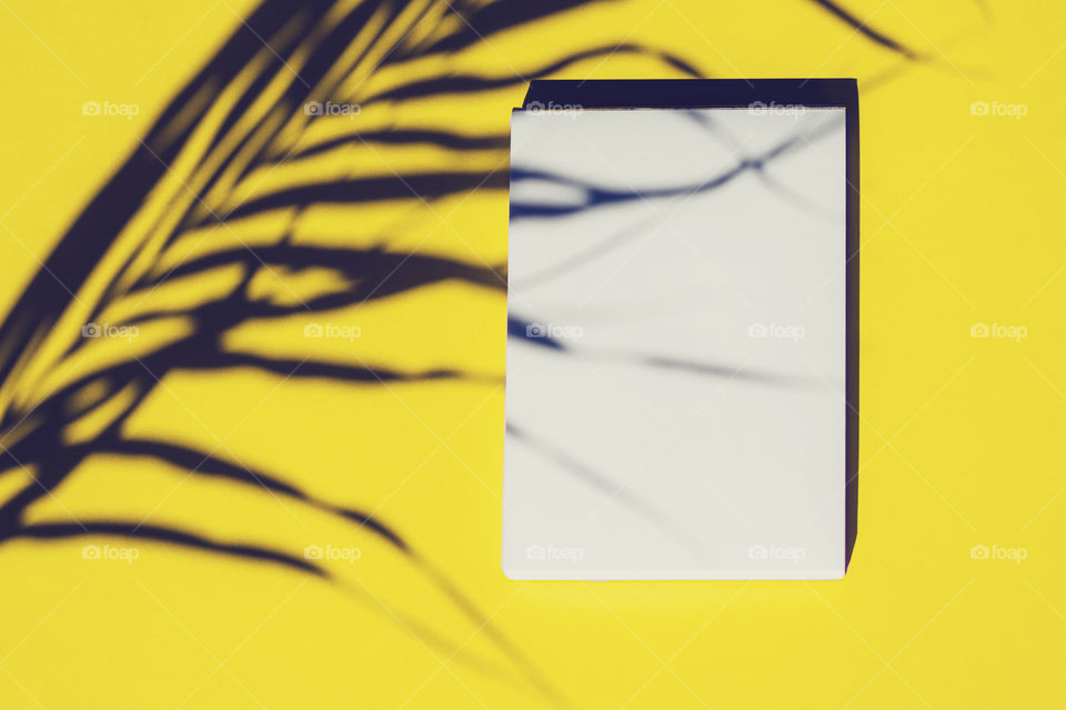 Notebook with palm tree leaves on yellow background 