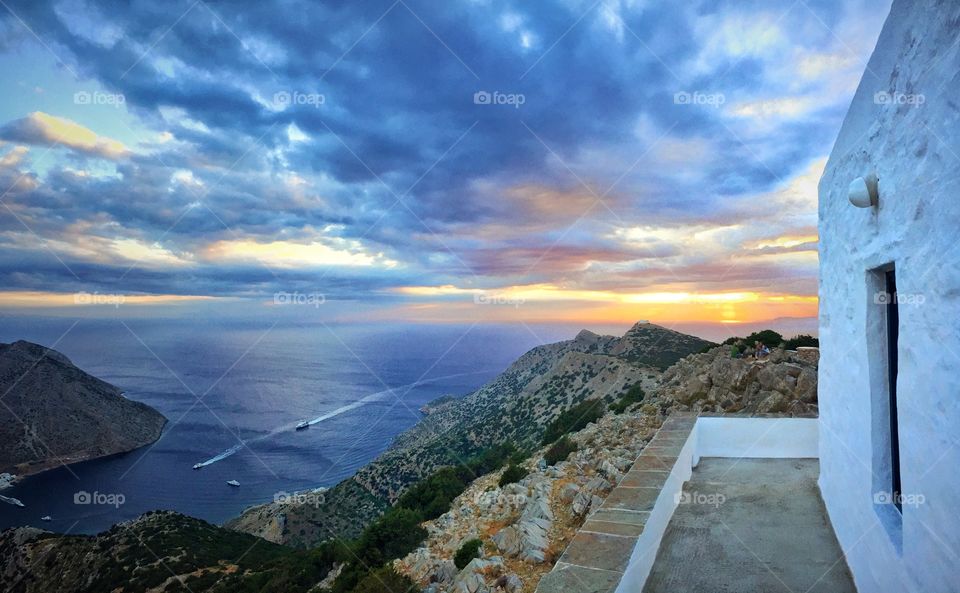 On one of the highest points of Sifnos, a Greek island of Kyklades, the view of the sunset is breathtaking. 