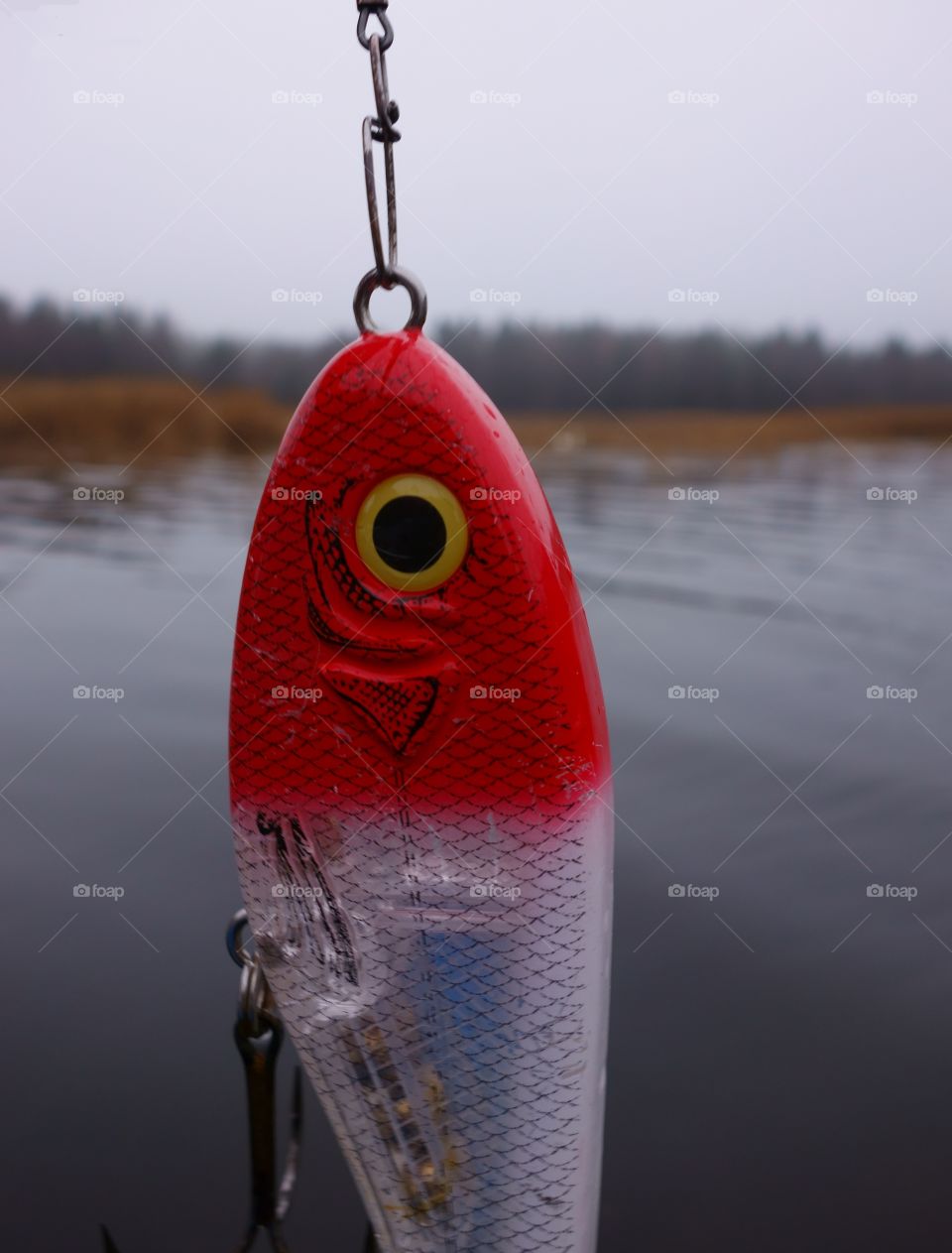 Pike fishing lure. Red and white pike fishing lure in Finnish archipelago.
