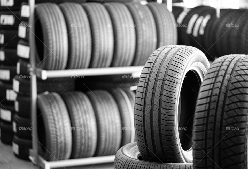 new car tyres stack, selective focus